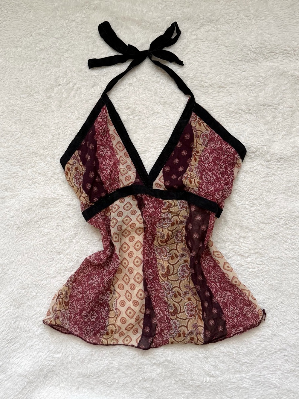 Y2k eye candy Burgundy and Cream Patchwork Halter Camisole